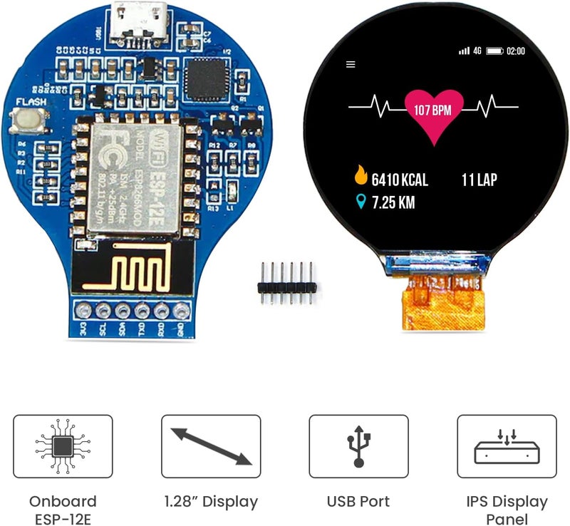 Sb Components RoundyFi - Compact 1.28” Round LCD Display Based on ESP-12E ESP8266 WiFi Transceiver Module 240×240 Resolution Display with GC9A01 Driver and SPI Interface - Image 3
